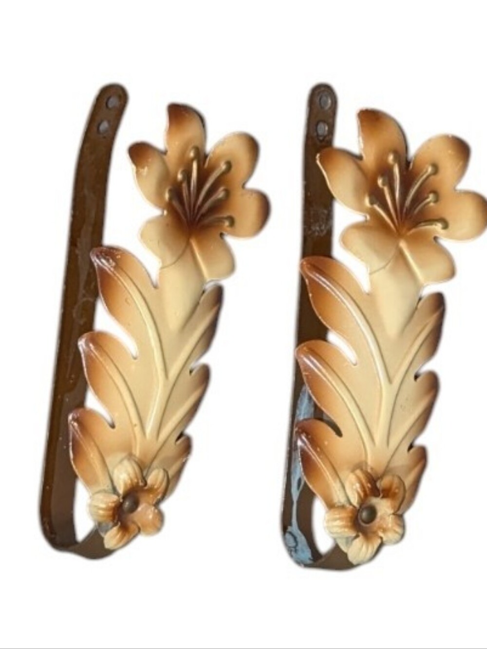Vintage Leaf Flower Metal Tiebacks Brown Beige Art Deco Style Curtain Swag